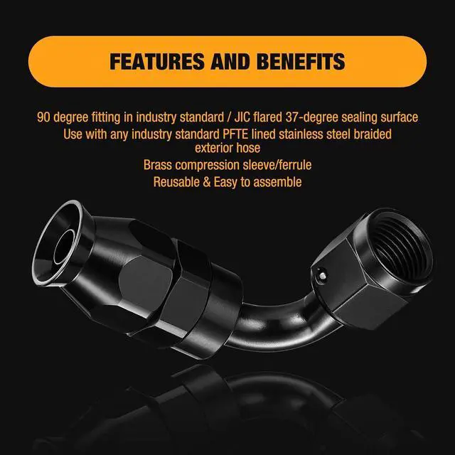 Alt view image 6 of 7 - 8AN PTFE 90 Degree Hose End Fitting Aluminum 2 pcs