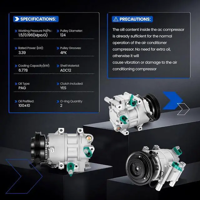 Alt view image 6 of 7 - 68358 Air Conditioning A/C Compressor with Clutch Compatible with Dodge Attitude 2006-2010 2012 1.6L L4 GAS, Compatible with Hyundai Accent 2006-2009 1.6L L4 GAS