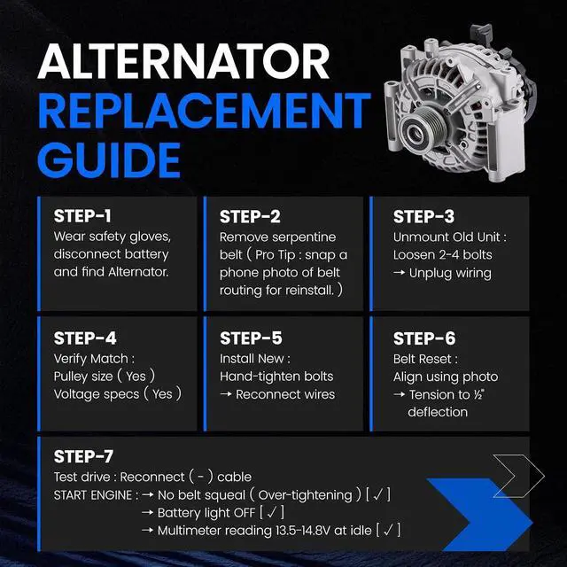 Alt view image 5 of 7 - 11216 Alternator for Mercedes-Benz E320 2005-2006 3.2L L6, 200A | 12V, 11216N, 113953, A0131540002, 0124625045, CW Clockwise Rotation, 6-Groove, Internal Fan, Internal Regulator