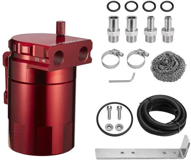 Main image of Oil Catch Can Baffled 300ml, Universal Aluminum Air Oil Separator Tank with 3/8" ID 5FT NBR Hose Kit- Red