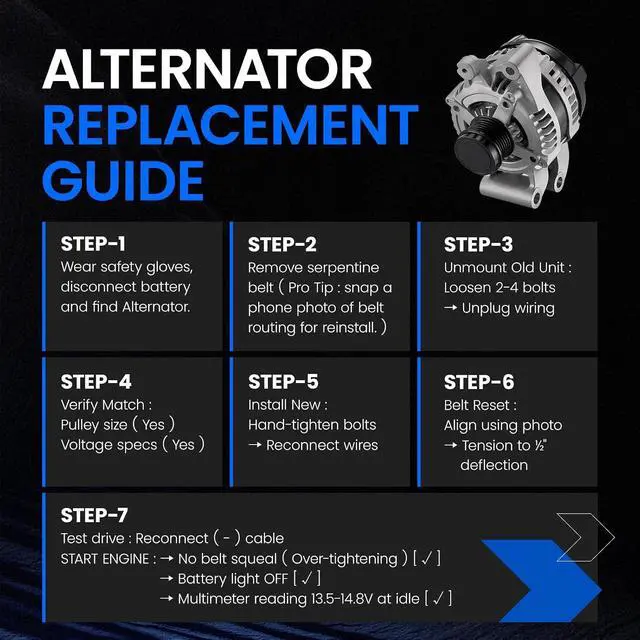 Alt view image 5 of 7 - 11636 Alternator for Ford Escape 20132016 1.6L L4, 150A | For Ford Escape 20172019 1.5L L4, 12V, Clockwise Rotation, 6Groove Decoupler Pulley
