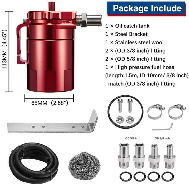 Alt view image 3 of 5 - Oil Catch Can Baffled 300ml, Universal Aluminum Air Oil Separator Tank with 3/8" ID 5FT NBR Hose Kit- Red