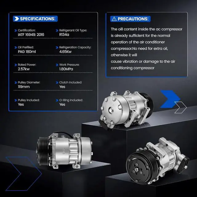 Alt view image 6 of 7 - 60-02144NA Air Conditioning AC Compressor with Clutch for Kenworth | for C500 K100E K270 K300 K370 T170 T300 T270 T370 T400 T800 T2000 T600A W900, Compatible with Peterbilt 320 379 385
