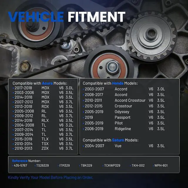 Alt view image 2 of 7 - TCKWP329 Engine Timing Belt Kit with Water Pump Compatible with Acura MDX RDX RL RLX TL TLX TSX ZDX, Compatible with Honda Accord Crosstour Odyssey Passport Pilot Ridgeline, fit for Saturn Vue