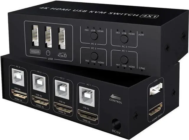 Main image of HDMI KVM Switch 4 Port HDMI Switcher, 4K @60Hz 4 In 1 Out KVM USB Switch Box for 4 PC Sharing Keyboard Mouse Monitor Compatible with Laptop, PC, PS4, Xbox HDTV