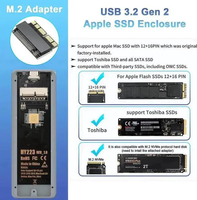 Alt view image 4 of 7 - USB C 3.2 MacBook SSD Enclosure for 12+16 PIN MacBook Air/Pro SSD, Aluminum M.2 NVMe MacBook Pro SSD Enclosure Adapter Support MacBook Pro,MacBook Air, Mac Pro, iMac from 2013 to 2017