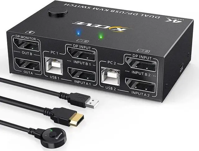 Main image of Dual Monitor Displayport KVM Switch DisplayPort 1.4 8K @30Hz 4K @144Hz, DP Extended Display Port KVM Switch for 2 Computers Share 2 Monitors and 4 USB 2.0 Ports, Wired Remote and 4 Cables Included