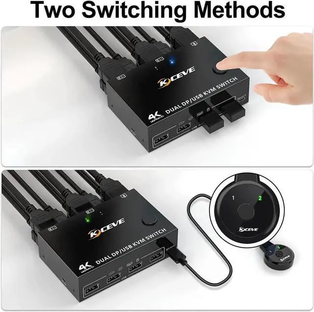 Alt view image 5 of 7 - Dual Monitor Displayport KVM Switch DisplayPort 1.4 8K @30Hz 4K @144Hz, DP Extended Display Port KVM Switch for 2 Computers Share 2 Monitors and 4 USB 2.0 Ports, Wired Remote and 4 Cables Included