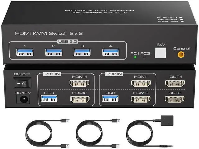 Main image of HDMI KVM Switch 2 Monitors 2 Computers 4K@60Hz HDMI Dual Monitor KVM Switches for Dual PC or Laptops Share 1 Set of Keyboard Mouse Printer Wired Controller and 12V 1A DC Adapter Included