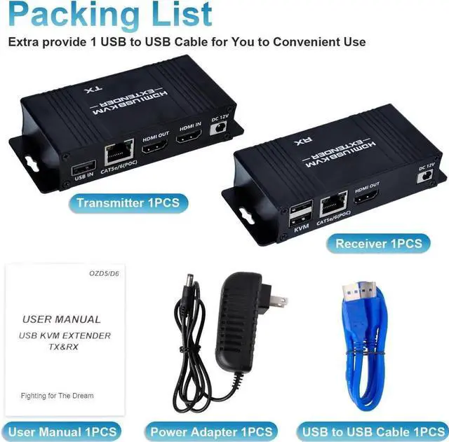Alt view image 2 of 6 - HDMI KVM USB Extender Over Cat5e/6/7-164FT HDMI to RJ45 1080P@60hz HDMI Over Ethernet KVM Extender Transmitter Receiver Support Keyboard Mouse USB Control No Latency Single Power Supply POC Function