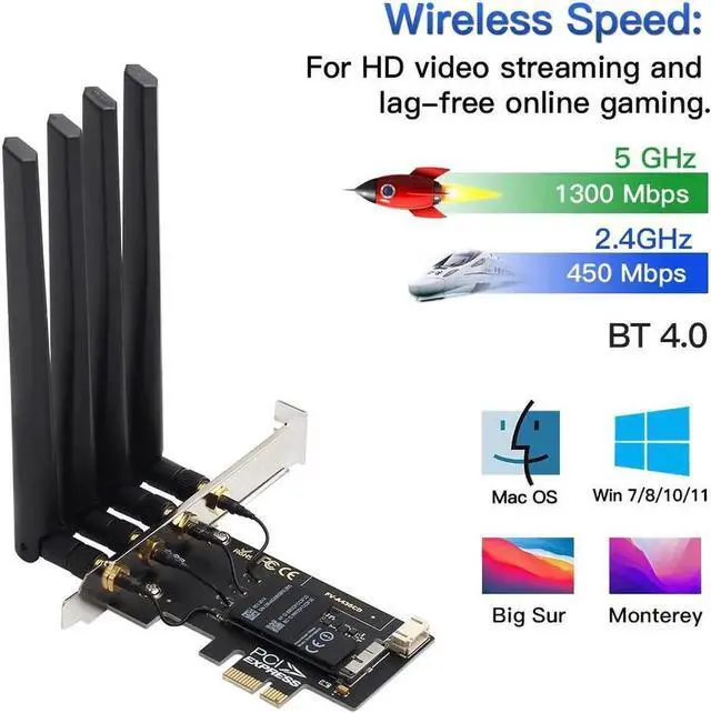Alt view image 5 of 6 - Hackintosh PCI-E Wifi Card 802.11AC 1750Mbps Dual Band BCM94360CD Chip Wifi Bluetooth 4.0 Network Card for Windows 7/8/10/11 (Plug and Play for MacOS) support Airdrop Handoff