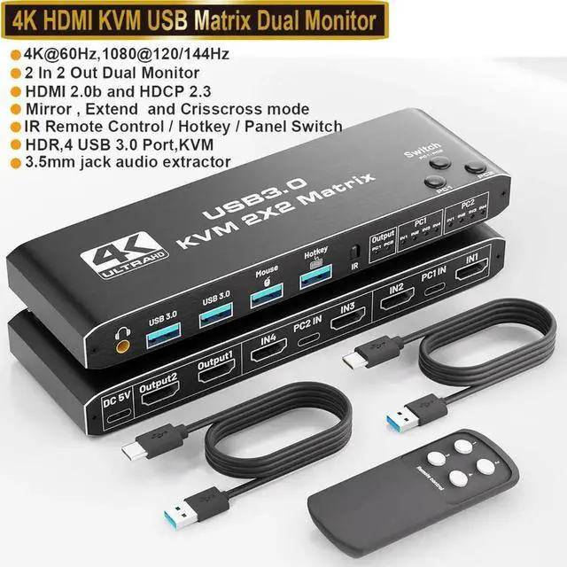 Main image of Dual Monitor HDMI KVM Switch 2 Monitors 2 Computers, HDMI Matrix 4 in 2 Out 4K 60Hz, HDMI KVM Matrix Switch, 4 Port HDMI Switcher Splitter Support USB 3.0,HDCP2.3, Hotkey, Extended with Remo