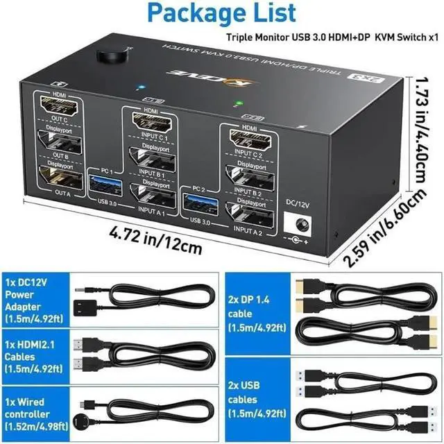 Main image of Triple Monitors KVM Switch 2 Displayport + HDMI USB 3.0 KVM Switch 8K@60Hz,4K@144Hz 3 Monitors 2 Computers KVM with 4 USB 3.0 Ports Included KVM Cables,HDMI 8K@60Hz/4K@60Hz,DP 8K@30Hz/4K@144Hz