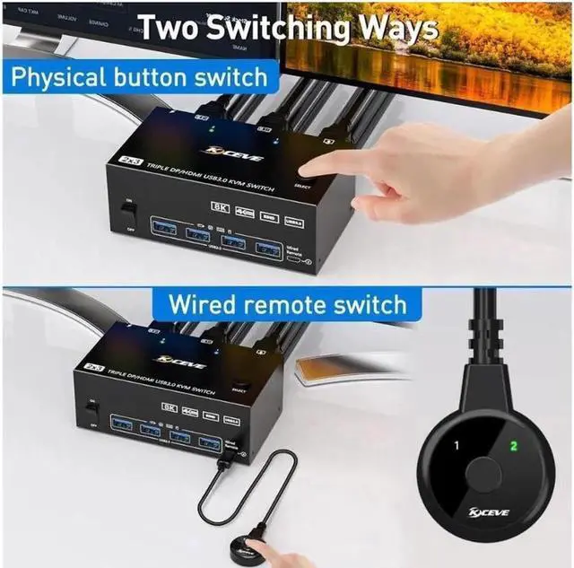 Alt view image 5 of 7 - Monitors KVM Switch 2 Displayport + HDMI USB 3.0 KVM Switch 8K@60Hz,4K@144Hz 3 Monitors 2 Computers KVM with 4 USB 3.0 Ports Included KVM Cables,HDMI 8K@60Hz/4K@60Hz,DP 8K@30Hz/4K@144Hz14