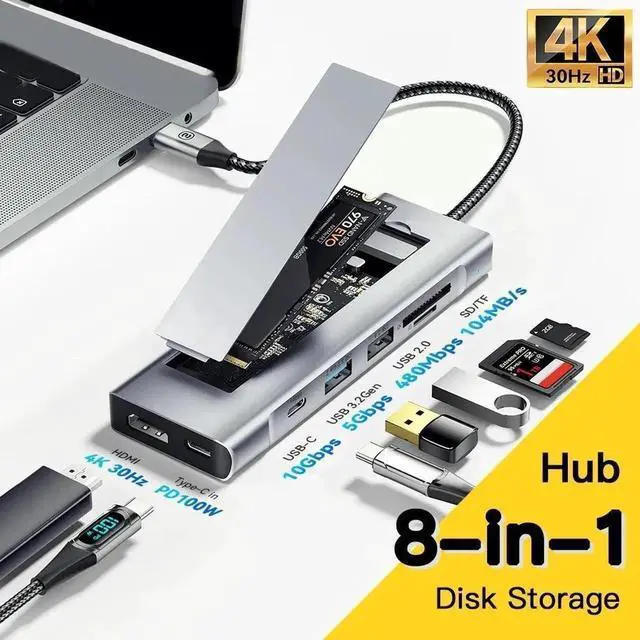 Main image of 8 in 1 USB C Docking Station with M.2 NVMe/SATA SSD Enclosure, 4K HDMI, 10Gbps USB C, 100W PD-A, 10Gbps USB 3.2, USB-A, SD/TF Card Reader for Laptop, MacBook Pro/Air/Mac/Universal Hub