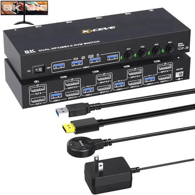 Main image of DisplayPort KVM Switch 4 PC 2 Monitors 8K@30Hz 4K@144Hz, Dual Monitor DP1.4 Displayport KVM Switch DP Monitor Switch with 4 USB 3.0 Ports for 4 PC/Laptops, with DP+USB Cable and Desktop Controller