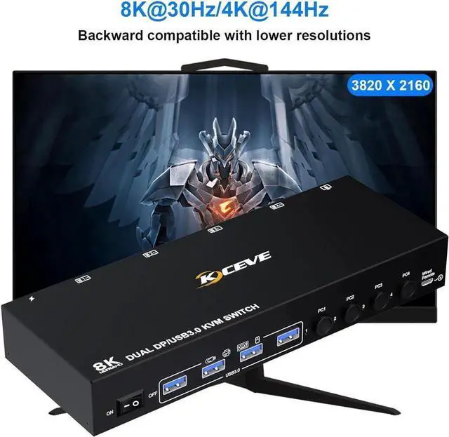 Alt view image 2 of 7 - DisplayPort KVM Switch 4 PC 2 Monitors 8K@30Hz 4K@144Hz, Dual Monitor DP1.4 Displayport KVM Switch DP Monitor Switch with 4 USB 3.0 Ports for 4 PC/Laptops, with DP+USB Cable and Desktop Controller