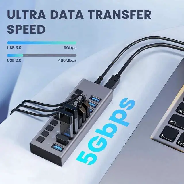 Alt view image 7 of 7 - Powered USB Hub 3.0, Data 10 Ports and USB Charging 10 Port Multi USB 3.0 Splitter with Individual LED Switches Power Adapter 4FT Extender Long Cable for Laptop Computer PC PS4 Flash Drive