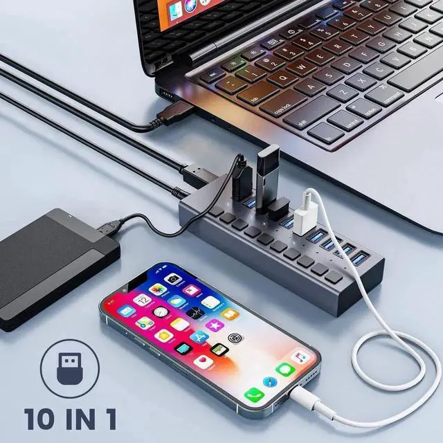 Alt view image 3 of 7 - Powered USB Hub 3.0, Data 10 Ports and USB Charging 10 Port Multi USB 3.0 Splitter with Individual LED Switches Power Adapter 4FT Extender Long Cable for Laptop Computer PC PS4 Flash Drive