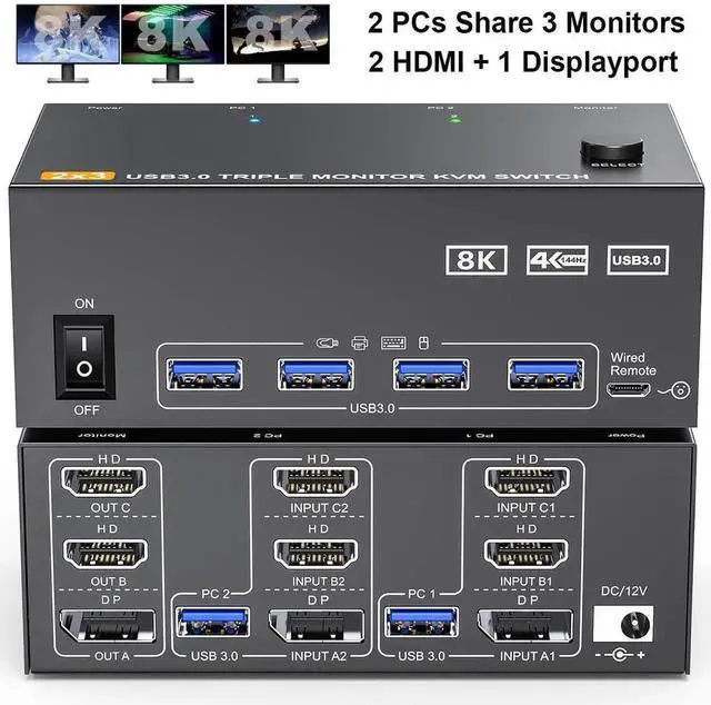 Main image of 1 Displayport + 2 HDMI Triple Monitor KVM Switch 2 Computers 3 Monitors, 8K@60Hz 4K@144Hz HDMI+DP USB 3.0 Switch Extended Display 3 Monitors 2 Computers KVM with USB 3.0 Cables Wired Controller