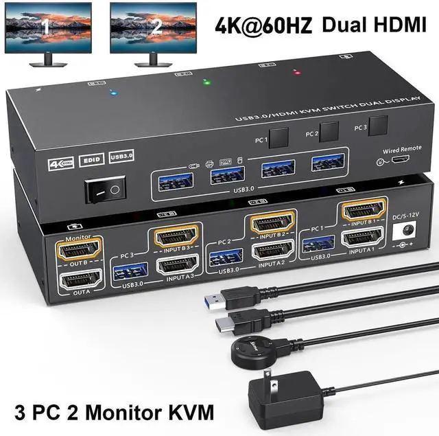 Main image of HDMI KVM Switch 2 Monitors 3 Computers, 4K@60Hz/2K@120Hz Dual Monitor HDMI KVM Switches 3 in 2 Out for 3 PCs share 2 Monitors and 4 USB 3.0 Devices, Wired Remote & Power Adapter Included