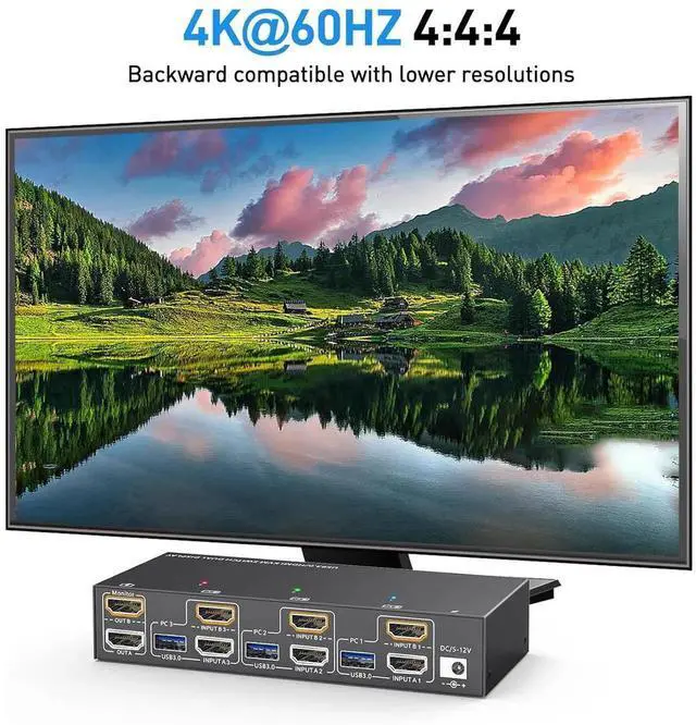 Alt view image 7 of 7 - HDMI KVM Switch 2 Monitors 3 Computers, 4K@60Hz/2K@120Hz Dual Monitor HDMI KVM Switches 3 in 2 Out for 3 PCs share 2 Monitors and 4 USB 3.0 Devices, Wired Remote & Power Adapter Included