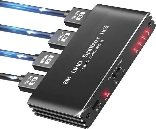 Main image of HDMI 2.1 Splitter 8K@60Hz, HDMI Splitter 1 in 3 Out 4K@120Hz, HDMI Splitter for Dual Monitors (Only Copy/Mirror Input Screen), HDMI Splitter for Gaming Support 48Gbps, HDCP 2.3, RGB 4:4:4 1x2 8K@60Hz