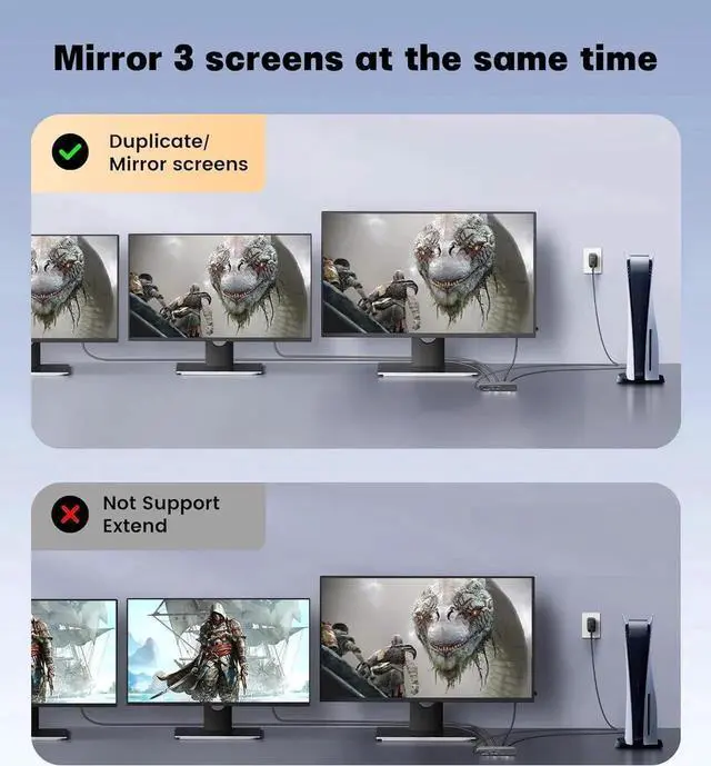 Alt view image 7 of 7 - HDMI 2.1 Splitter 8K@60Hz, HDMI Splitter 1 in 3 Out 4K@120Hz, HDMI Splitter for Dual Monitors (Only Copy/Mirror Input Screen), HDMI Splitter for Gaming Support 48Gbps, HDCP 2.3, RGB 4:4:4 1x2 8K@60Hz