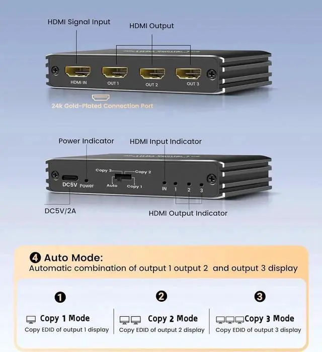 Alt view image 2 of 7 - HDMI 2.1 Splitter 8K@60Hz, HDMI Splitter 1 in 3 Out 4K@120Hz, HDMI Splitter for Dual Monitors (Only Copy/Mirror Input Screen), HDMI Splitter for Gaming Support 48Gbps, HDCP 2.3, RGB 4:4:4 1x2 8K@60Hz