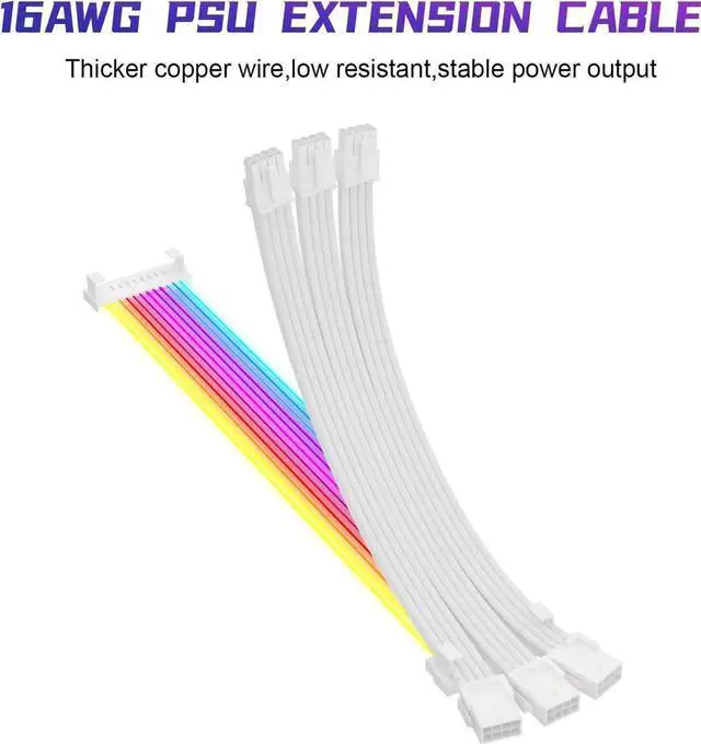 Alt view image 4 of 7 - RGB PSU Cables,Full White ARGB GPU Power Supply Cable 3 * 8(6+2) Pin,Strimer Extension Cable Kit 5V 3Pin Synchronized,Customed White PC Chassis (White Connector)