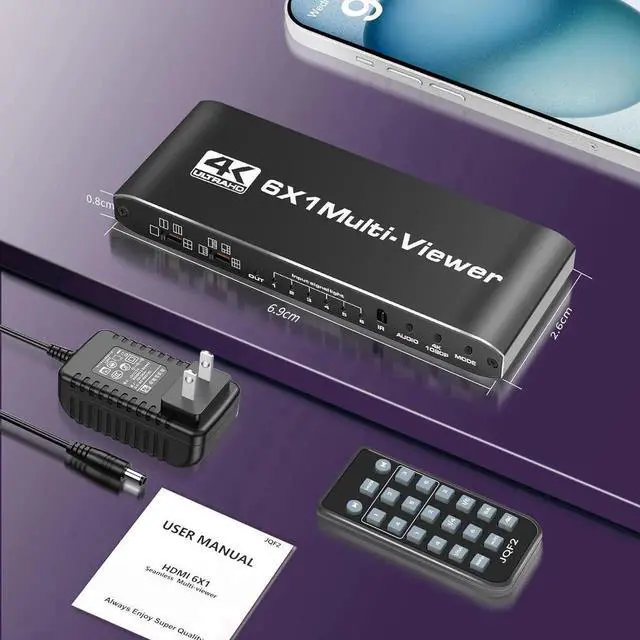 Alt view image 7 of 7 - 4K HDMI Multi-Viewer Switch 6 in 1 Out, HDMI Multi-Switcher for Seamless Switch 6x1/ 5x1/ 4x1/ 3x1/ 2x1, HDMI Multiviewer Support Dual Screen, 8 Viewing Modes, 4k x 2k, 1080P