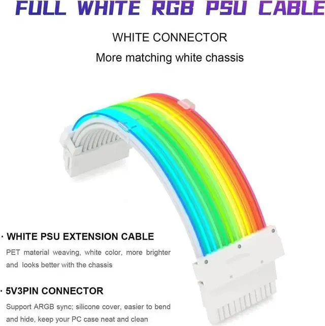 Alt view image 5 of 6 - RGB PSU Cables,ARGB Motherboard Power Supply Cable,24 Pin+2 * 8 Pin Sleeved Cable Extension Set,5V 3Pin Synchronized,Customed White PC Chassis(White Connector Strip Style)