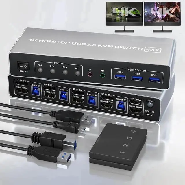 Main image of KVM Switch 4 Computers 2 Monitors Displayport and HDMI 4K@60Hz, USB 3.0 4 Port Dual Monitors KVM Switch with Audio Microphone Output and 3 USB 3.0 Ports, 4 in 2 Out Monitor Switch for 4 PCs