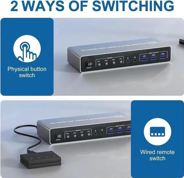 Alt view image 6 of 7 - KVM Switch 4 Computers 2 Monitors Displayport and HDMI 4K@60Hz, USB 3.0 4 Port Dual Monitors KVM Switch with Audio Microphone Output and 3 USB 3.0 Ports, 4 in 2 Out Monitor Switch for 4 PCs