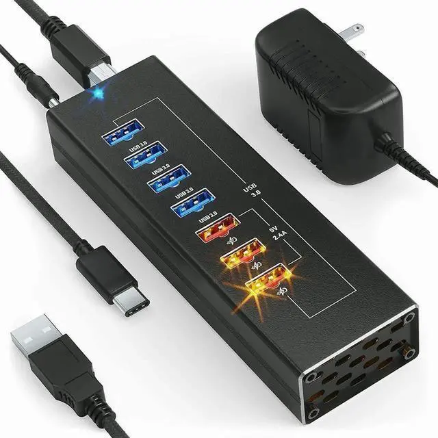 Main image of Powered USB Hub - Multi-Port USB Hub with 7 USB 3.0 Ports, 3 Fast Charging USB 3 0 Ports, with Cords C and A, Power USB HUB Adapter