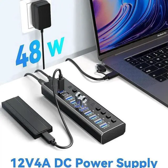 Alt view image 3 of 7 - Powered USB Hub 3.2, 10-Port USB 3.2/USB C Hub (10Gbps USB-A 3.2 + 2x USB-C 3.2 + 7x USB 3.0 Ports) with Individual On/Off Switches and 12V Power Adapter, Aluminum USB Hub Powered for Laptop PC