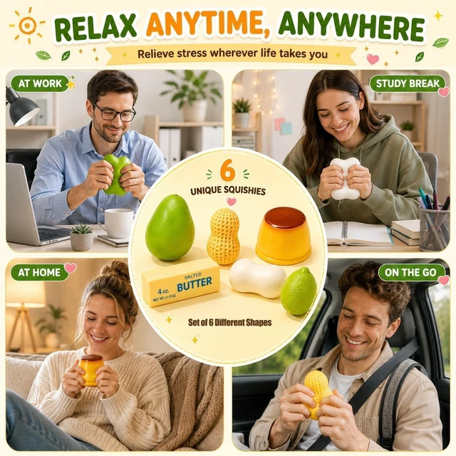 Alt view image 4 of 6 - Crunchy Squishy Toys, Slow Rising Squishy Fidget Squeeze Stress Ball 6 PCS
Crunchy Butter, Peanut, Mango, Lemon, Pudding & Soap; Sensory Fidget Squeeze Toys for Adults & Teens, Fun Desk & Party Gifts
