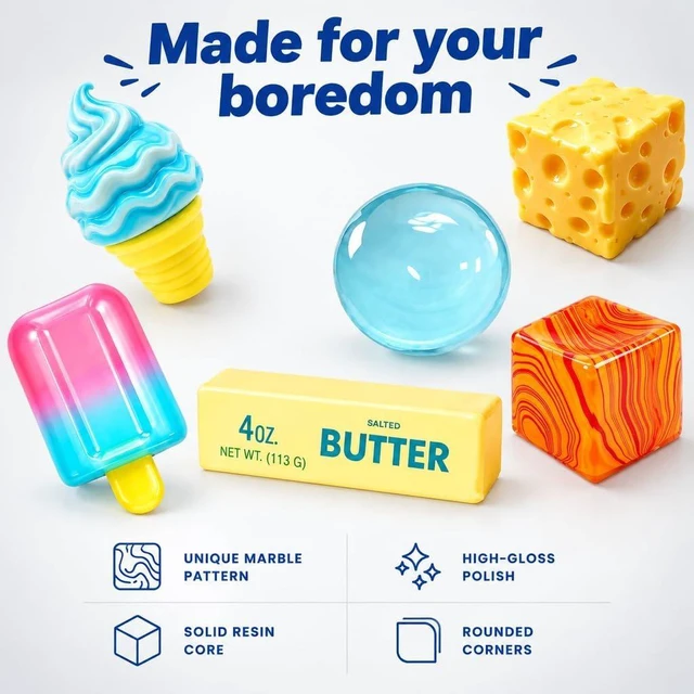 Alt view image 2 of 5 - Butter Squishy Fidget Toy, Slow Rising Stretchy Taba Squishy, Stress Relief
Soft scented PU butter stick squishy, stretchy slow rising, realistic food desk decor, stress relief gift for teens adults