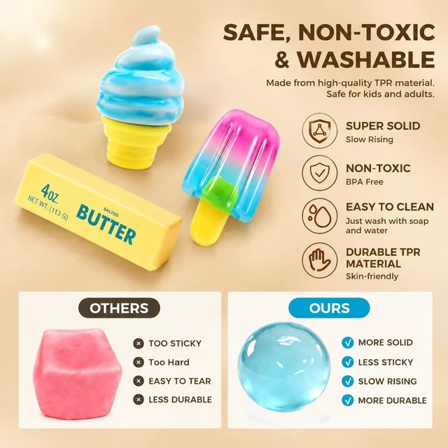 Alt view image 3 of 5 - Butter Squishy Fidget Toy, Slow Rising Stretchy Taba Squishy, Stress Relief
Soft scented PU butter stick squishy, stretchy slow rising, realistic food desk decor, stress relief gift for teens adults