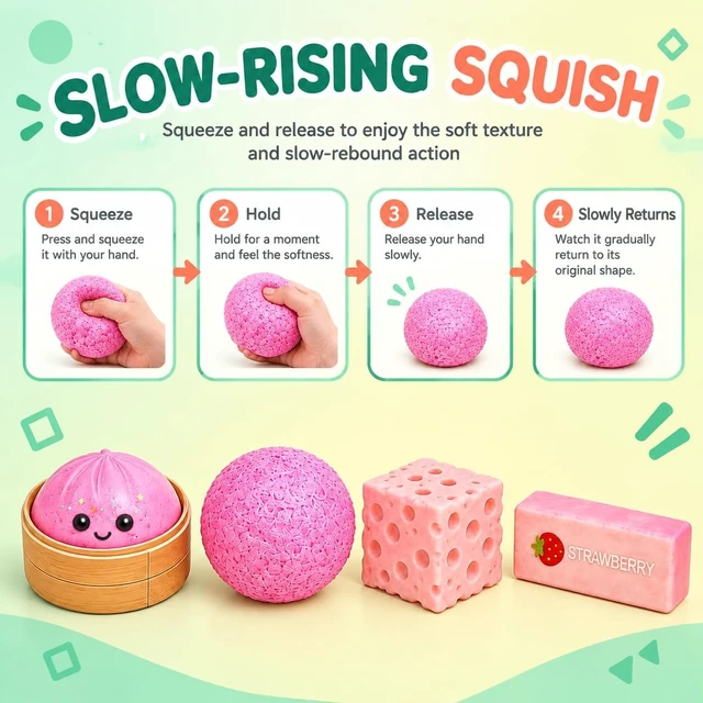 Alt view image 3 of 7 - 4 Pack Squishy Toys, Slow Rising Taba Squishy Stress Relief Fidget Pack
Soft kawaii malt sugar gel squishies, BPA free slow rising squeeze sensory toys for teens adults, desk decor party favors