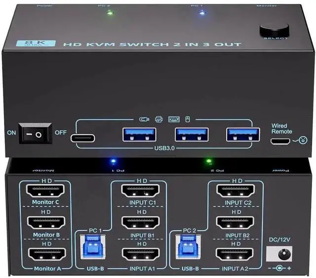 Main image of KVM Switch 3 Monitors 2 Computers 8K@60Hz/4K@120Hz, Triple Monitors HDMI KVM Switches for 2 PC Sharing 3 Monitor and Keyboard Mouse with Power Adapter, Wired Extend Controller & USB 3.0 Cables