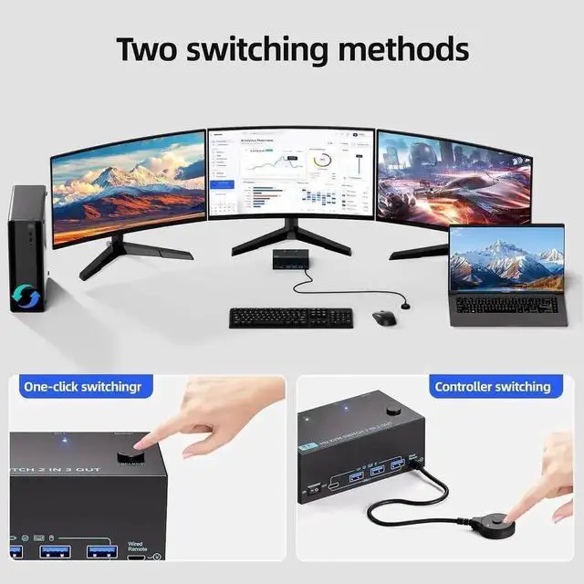 Alt view image 7 of 7 - KVM Switch 3 Monitors 2 Computers 8K@60Hz/4K@120Hz, Triple Monitors HDMI KVM Switches for 2 PC Sharing 3 Monitor and Keyboard Mouse with Power Adapter, Wired Extend Controller & USB 3.0 Cables