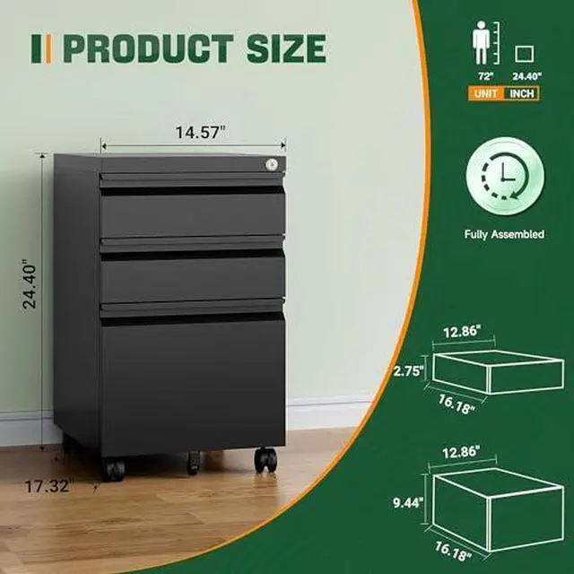 Alt view image 2 of 7 - 3 Drawer Mobile File Cabinet with Lock,Under Desk Metal Filing Cabinets for Home Office Organizer Letters/Legal/A4((Fully Assembled-Black)