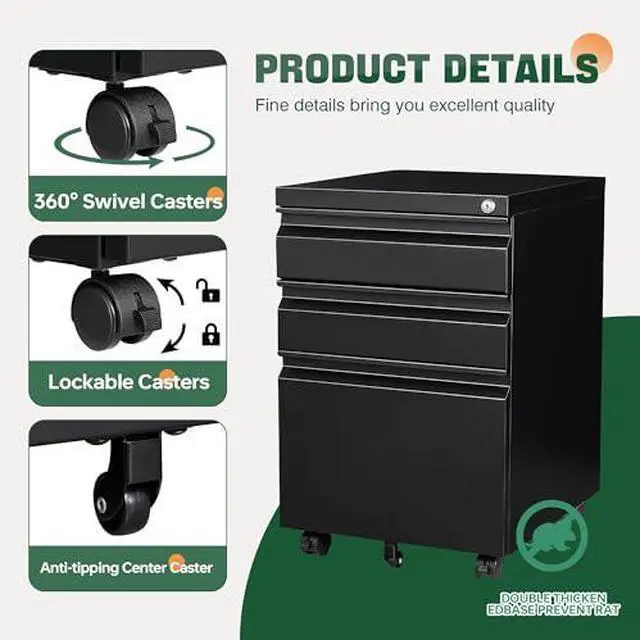 Alt view image 6 of 7 - 3 Drawer Mobile File Cabinet with Lock,Under Desk Metal Filing Cabinets for Home Office Organizer Letters/Legal/A4((Fully Assembled-Black)