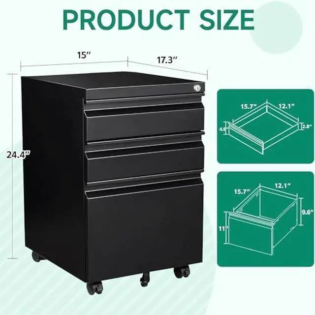 Alt view image 3 of 7 - 3 Drawer Mobile File Cabinet with Lock, Under Desk Metal Rolling Filing Cabinets for Home Office Organizer Letters/Legal/A4 (Black- Requires Installation) (Black)