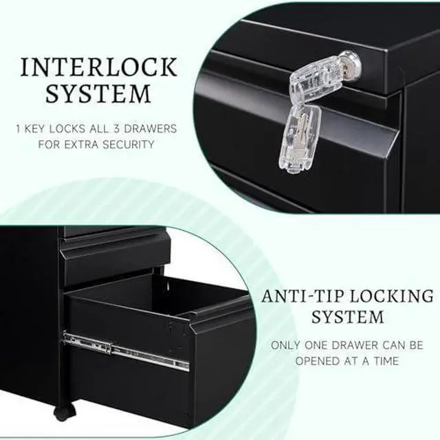 Alt view image 6 of 7 - 3 Drawer Mobile File Cabinet with Lock, Under Desk Metal Rolling Filing Cabinets for Home Office Organizer Letters/Legal/A4 (Black- Requires Installation) (Black)