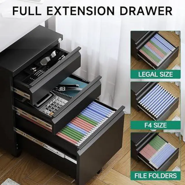 Alt view image 5 of 7 - 3 Drawer Mobile File Cabinet with Lock, Under Desk Metal Rolling Filing Cabinets for Home Office Organizer Letters/Legal/A4 (Black- Requires Installation) (Black)