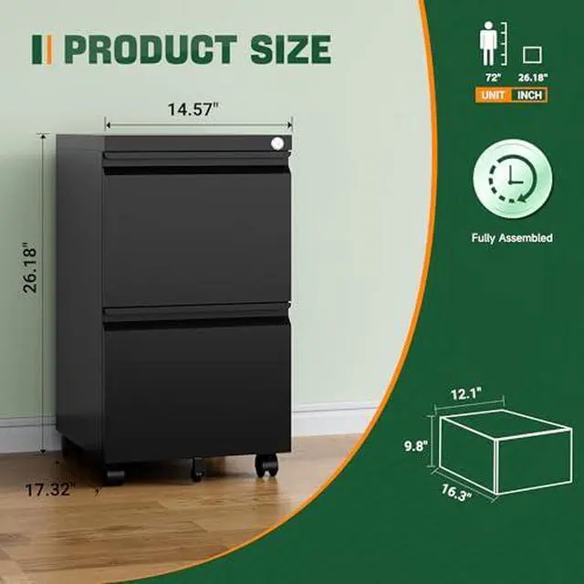 Alt view image 2 of 7 - Mobile File Cabinet with Lock,2 Drawer Under Desk Metal Rolling Filing Cabinets for Home Office Organizer Letters/Legal/A4(Fully Assembled-Black)