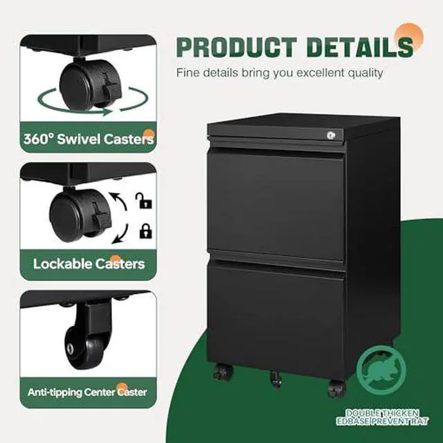 Alt view image 6 of 7 - Mobile File Cabinet with Lock,2 Drawer Under Desk Metal Rolling Filing Cabinets for Home Office Organizer Letters/Legal/A4(Fully Assembled-Black)