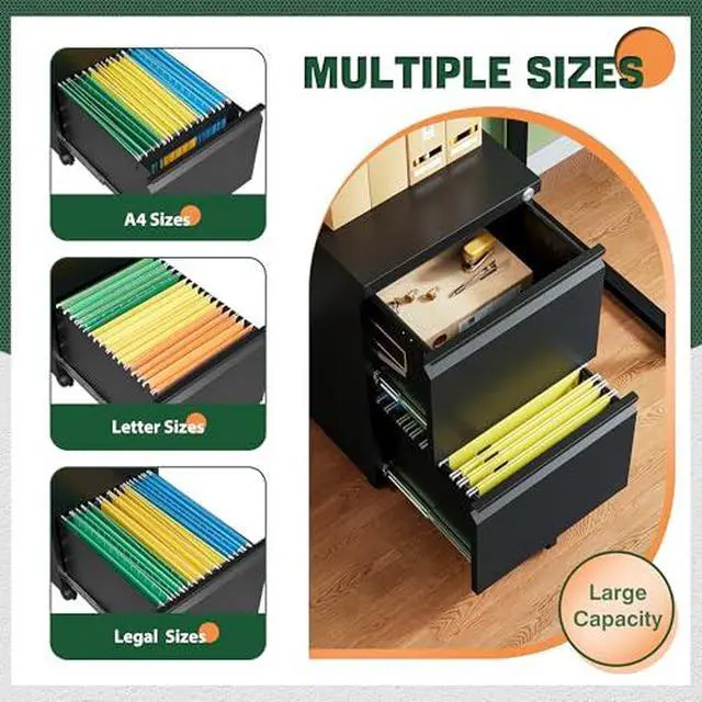 Alt view image 5 of 7 - Mobile File Cabinet with Lock,2 Drawer Under Desk Metal Rolling Filing Cabinets for Home Office Organizer Letters/Legal/A4(Fully Assembled-Black)